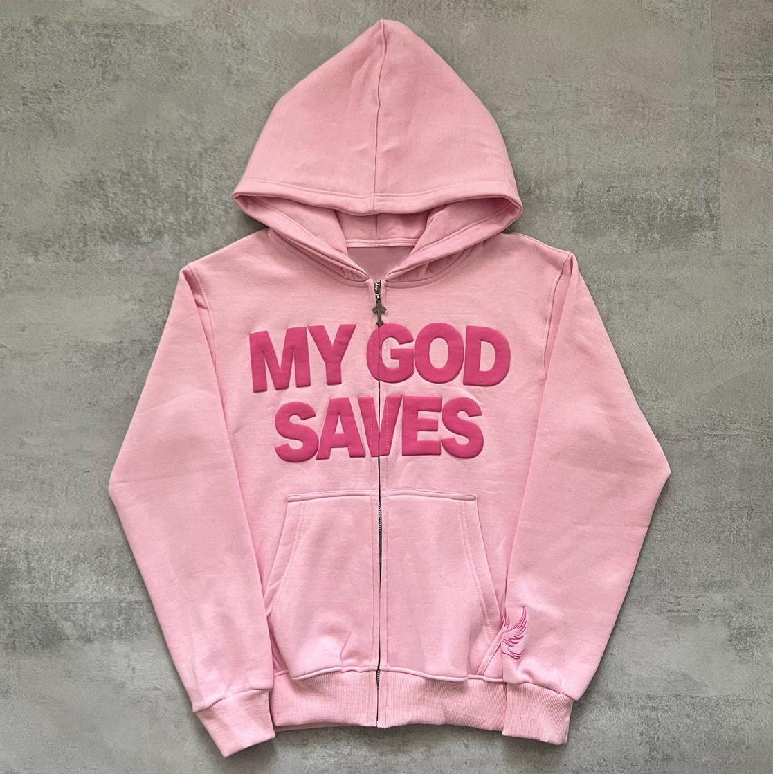 My God Saves Print Long Sleeve Zipper Hoodies