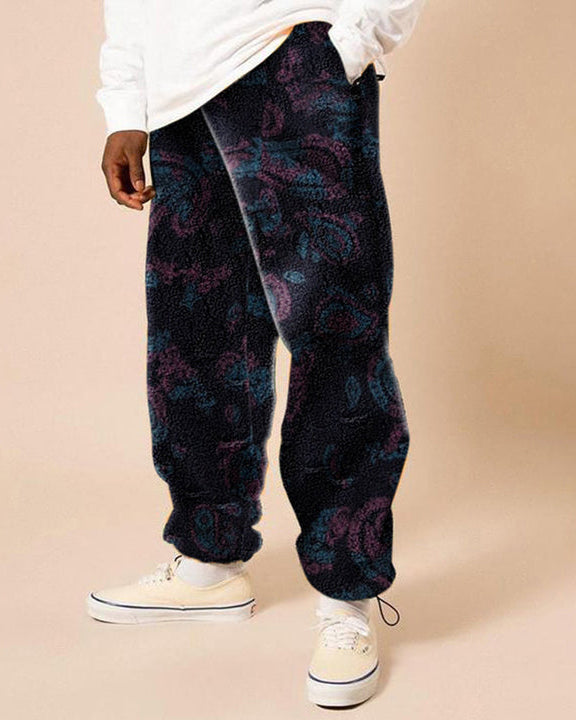 Autumn and winter fashion trend skateboard sports polar fleece trousers cashew flower men's long casual pants
