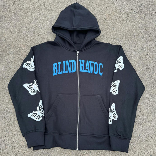 Blind Havoc Butterfly Print Long Sleeve Zipper Hoodies