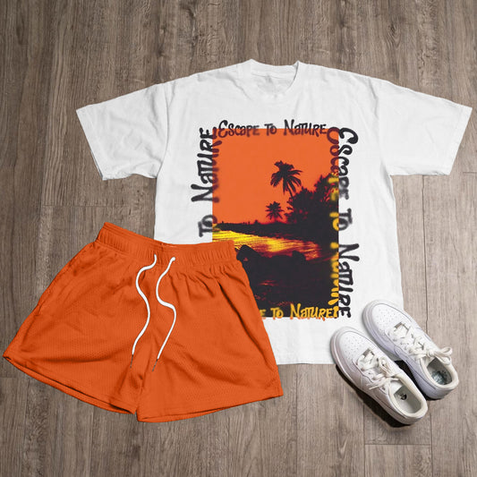 Sunset Print T-Shirt Short Sleeve Two Piece Set