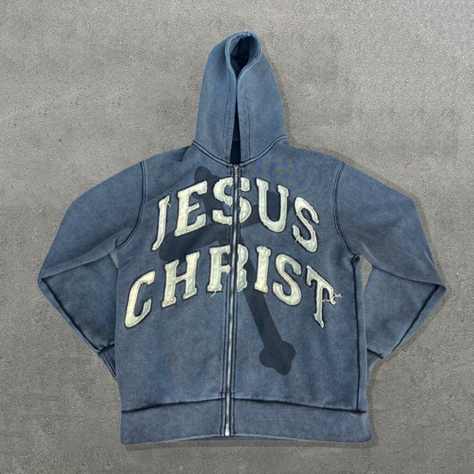 Jesus Christ Print Long Sleeve Applique Embroidered Zipper Hoodies