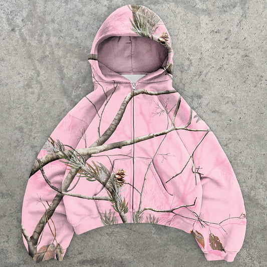 Forest Camouflage Print Long Sleeve Zipper Hoodies