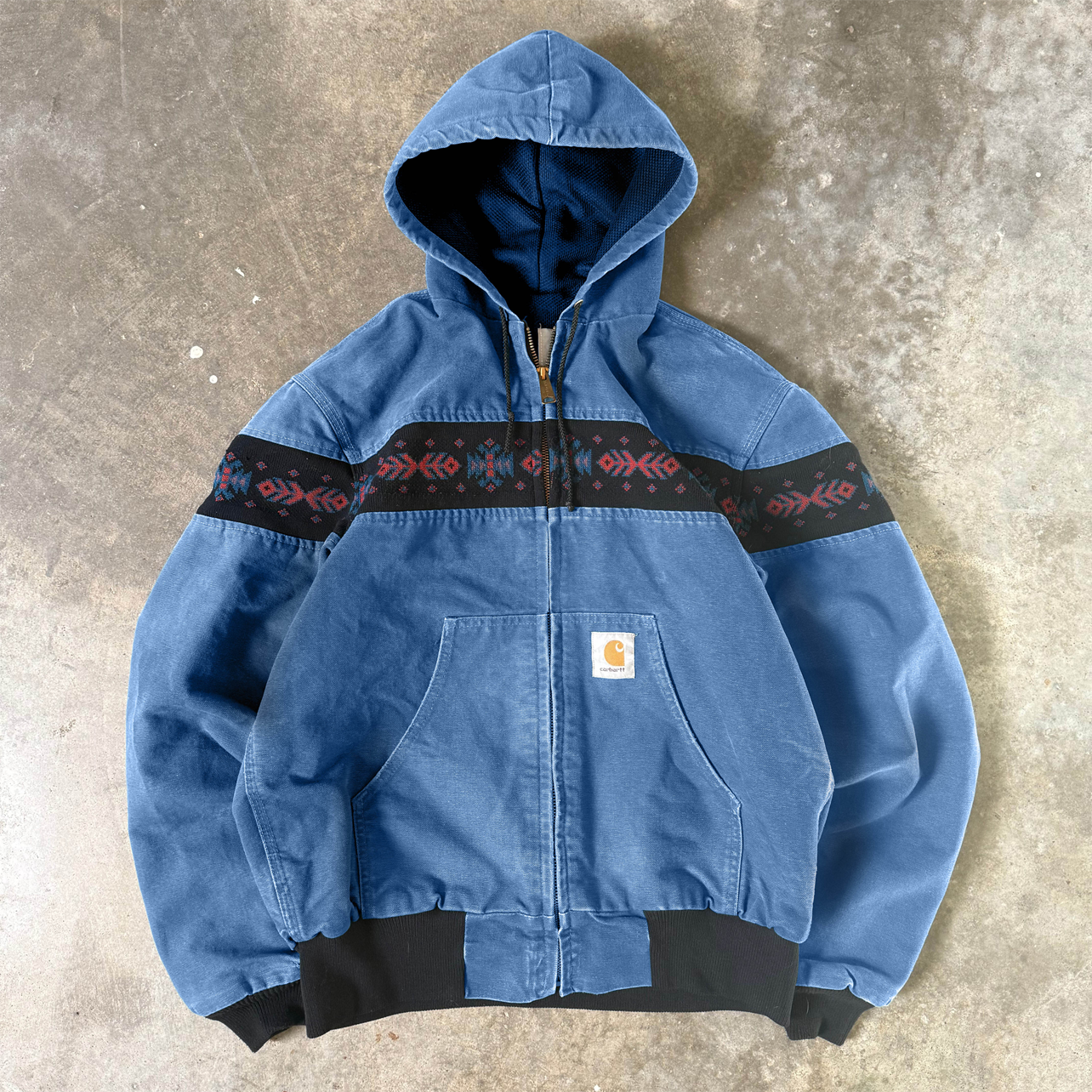 Retro ethnic pattern contrast zip-up anorak jacket