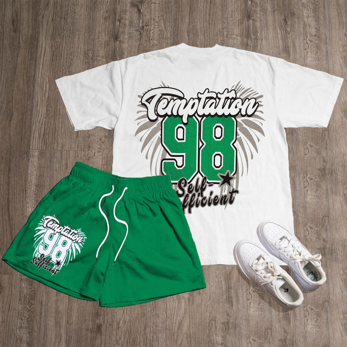 MoneyTemptation Print T-Shirt Mesh Shorts Two-Piece Set