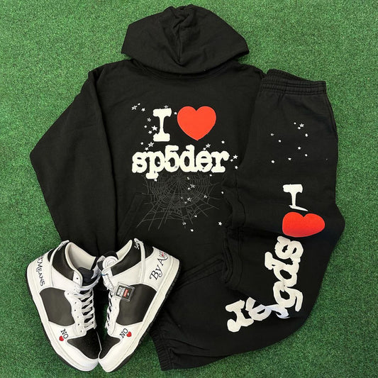 Spider Web Letters Heart Print Two Piece Hoodie Set