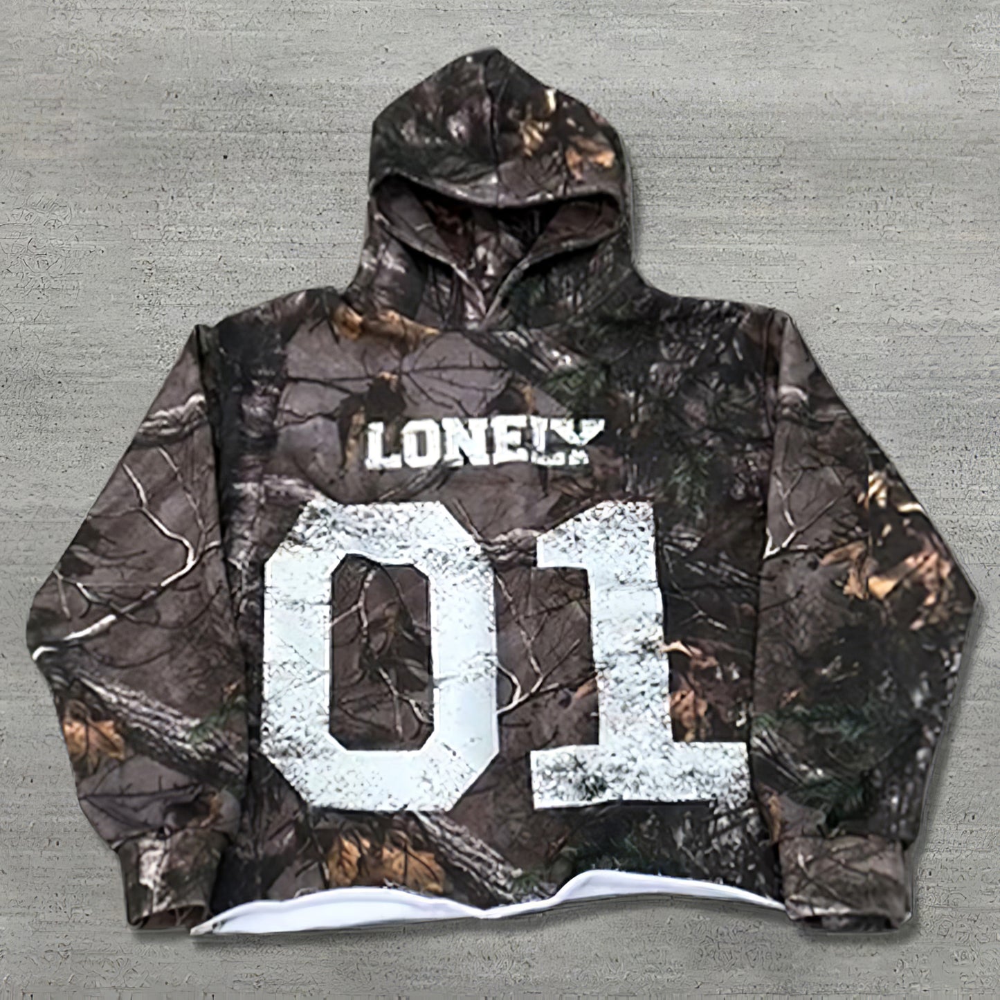 Vintage Curled Tree Camouflage LONELY Print Hoodie