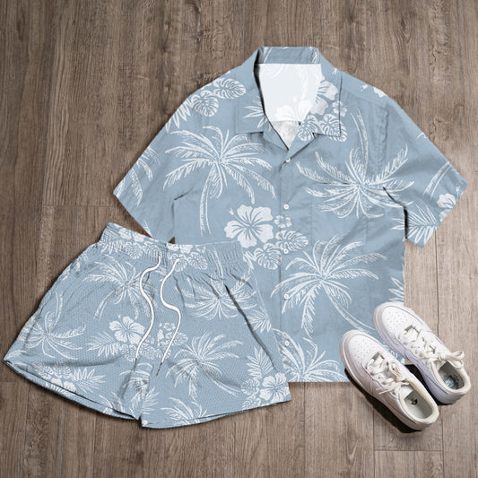 Coconut Flower Print Shirt Shorts Two-Piece Set