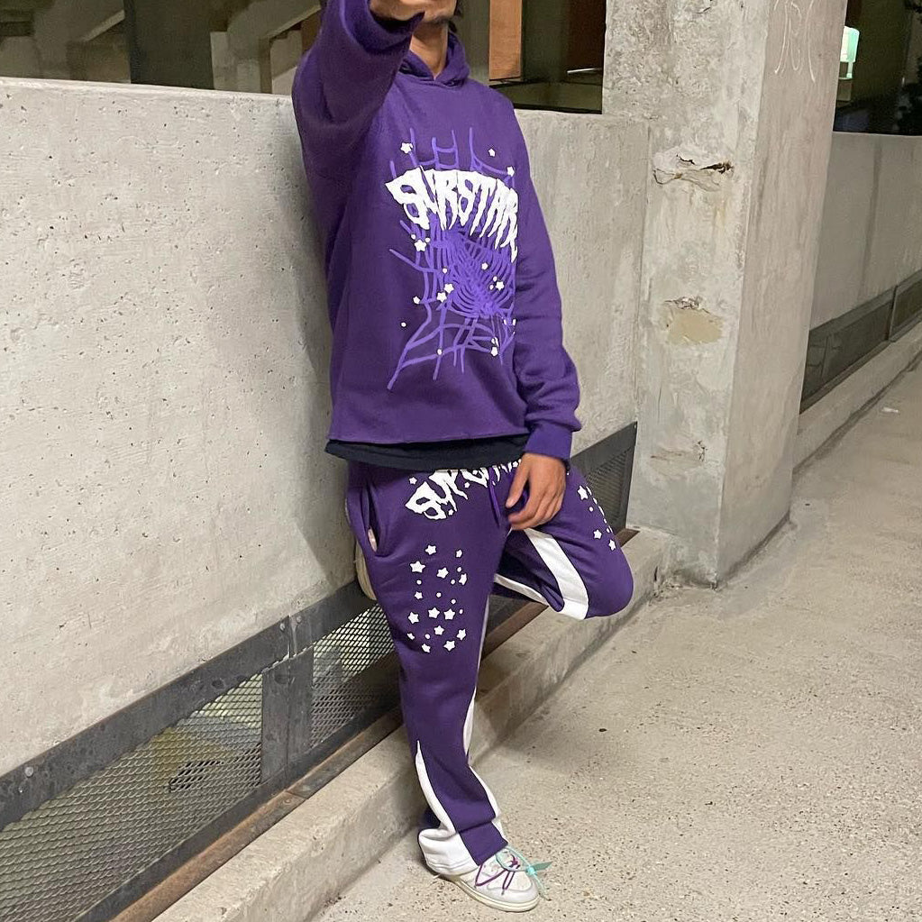 Alphabet Spider Web Print Hoodie Sweatpants Two Piece Set