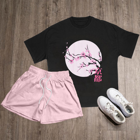 Sakura Print T-Shirt Shorts Two-Piece Set