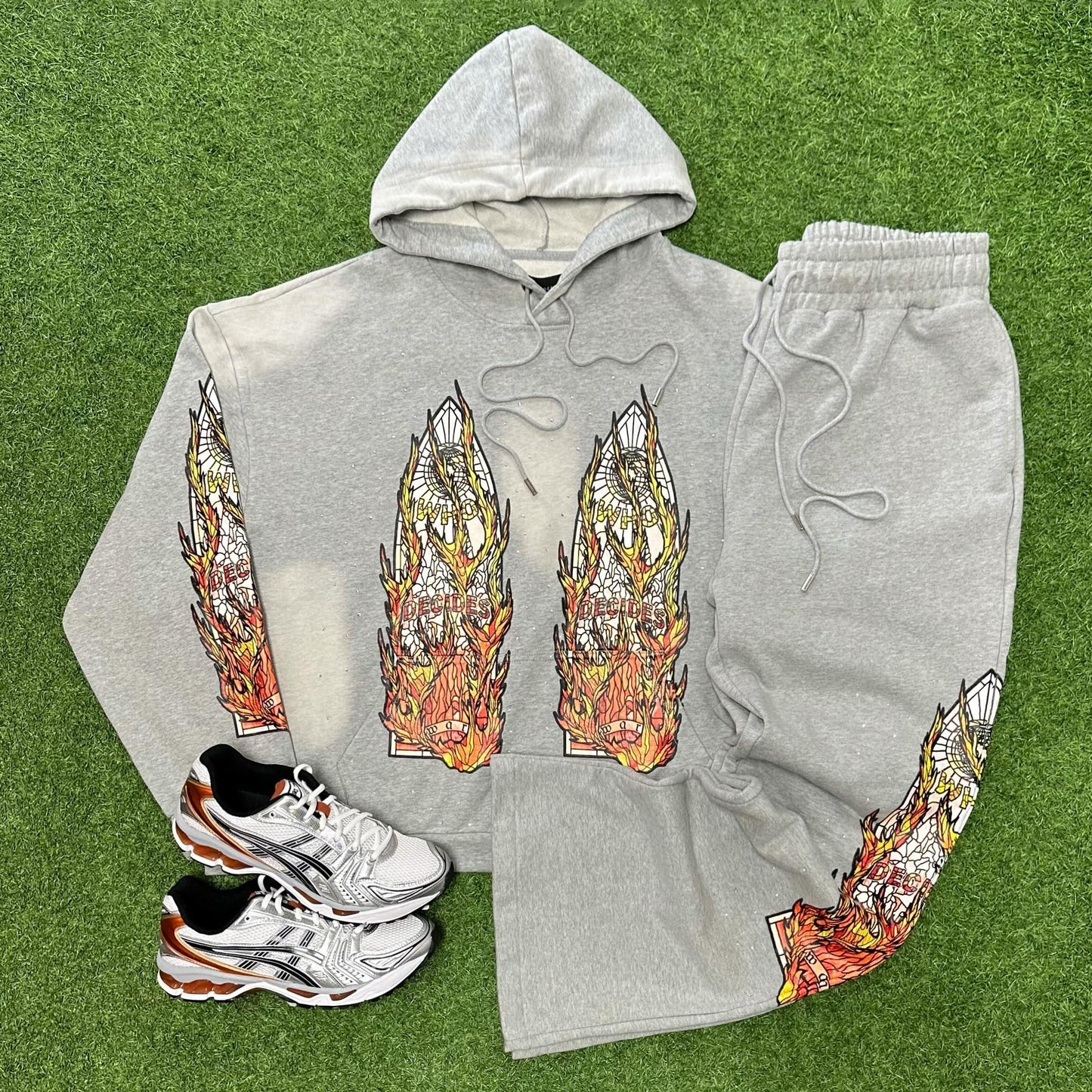 Casual Flame Print Two Piece Hoodie Set