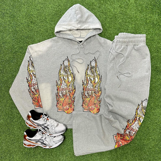 Casual Flame Print Two Piece Hoodie Set