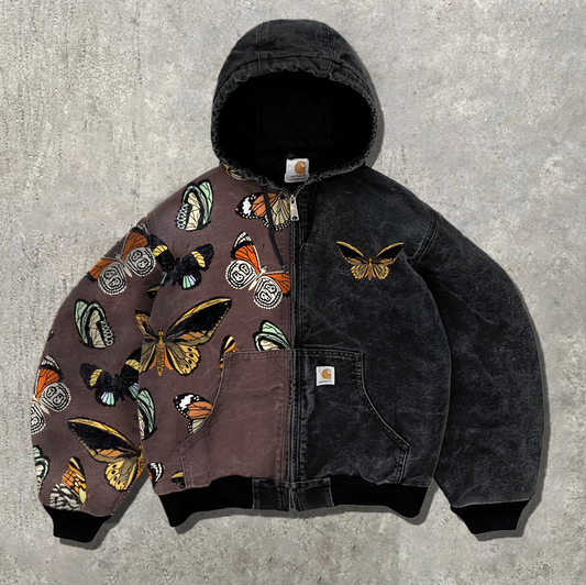 Vintage distressed butterfly zipper contrast hooded jacket