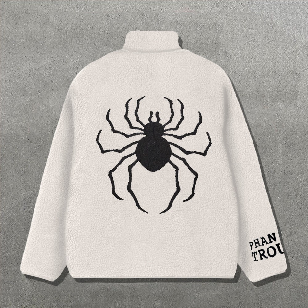 Spider Print Long Sleeve Zipper Pocket Plush Coat