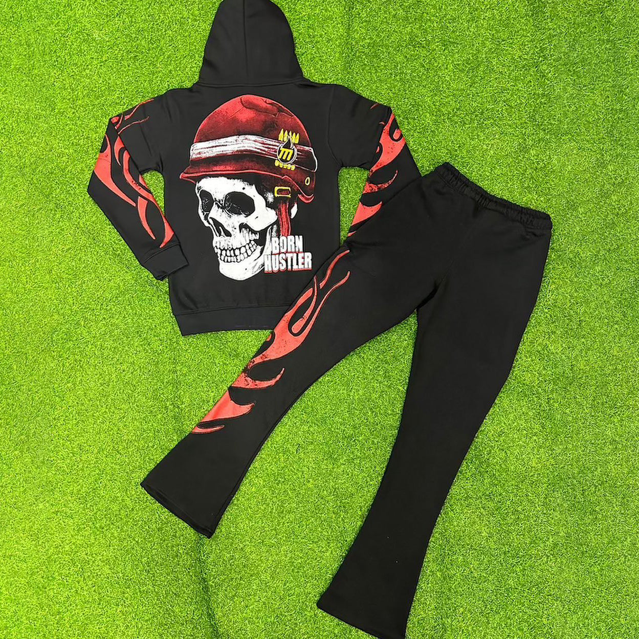 Born Hustler Skull Print Two Piece Hoodie Set