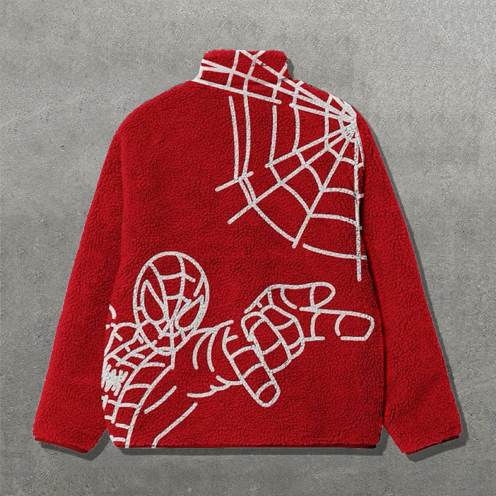 Spider Web Print Long Sleeve Zipper Pocket Plush Coat