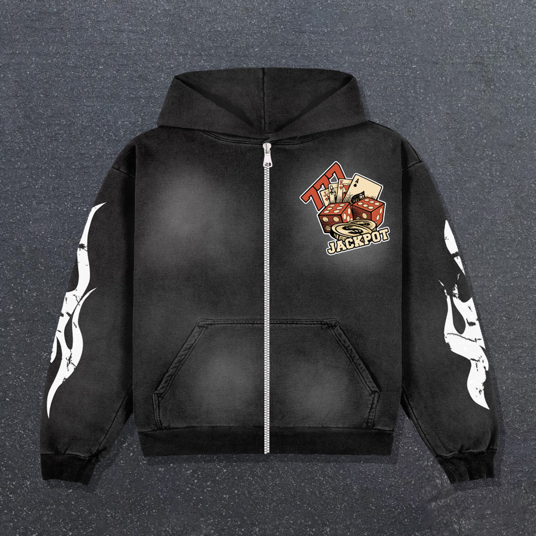 Jackpot Print Long Sleeve Zipper Hoodies