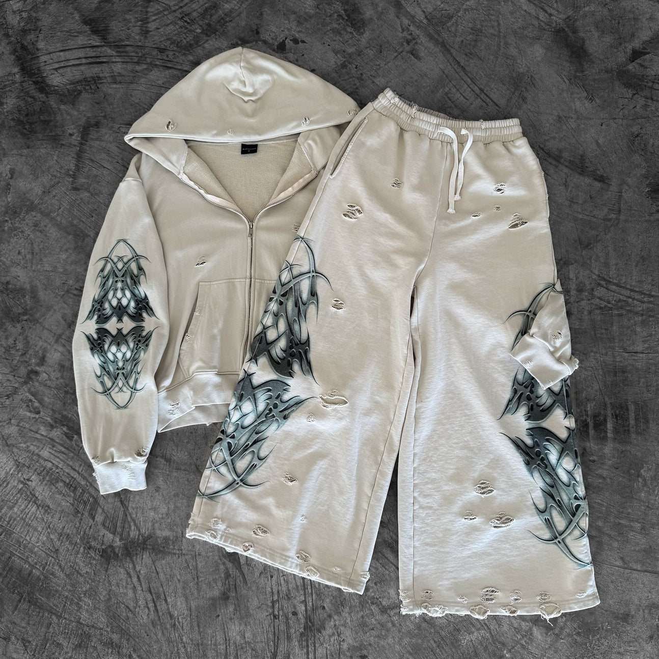 Street Pattern Print Zipper Long Sleeve Ripped Hoodie Set