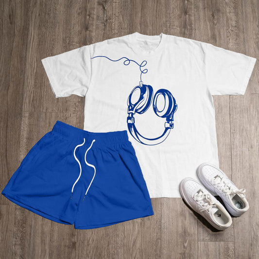 Headphones Print T-Shirt Short Sleeve Two Piece Set