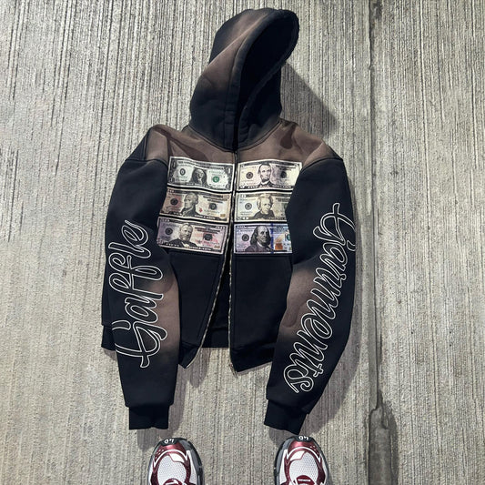 Money Print Long Sleeve Zipper Hoodies