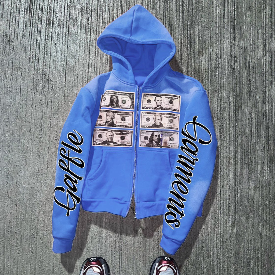 Money Print Long Sleeve Zipper Hoodies