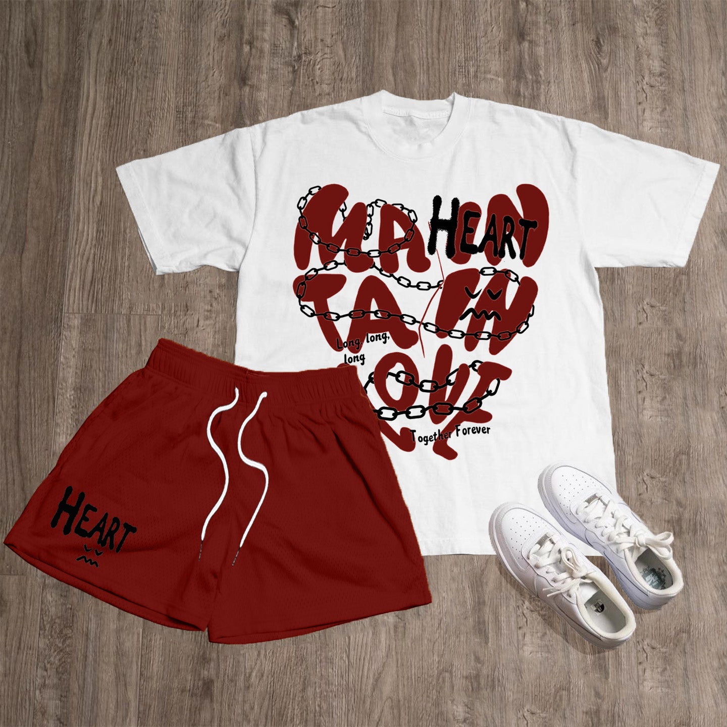 Heart Mate In Love Print T-Shirt Mesh Shorts Two-Piece Set