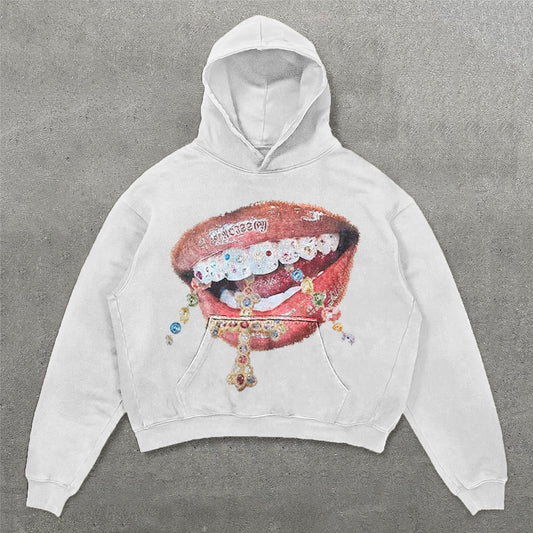 Mouth Cross Print Long Sleeve Hoodies