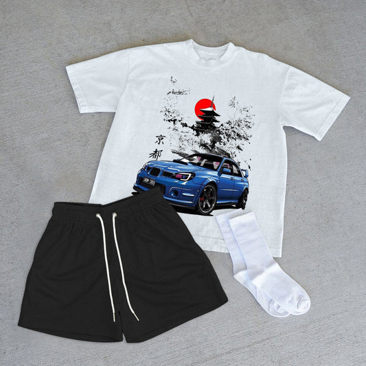 Fashion casual retro print T-shirt shorts two-piece set