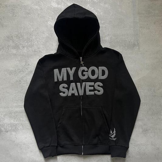 My God Saves Print Long Sleeve Zipper Hoodies