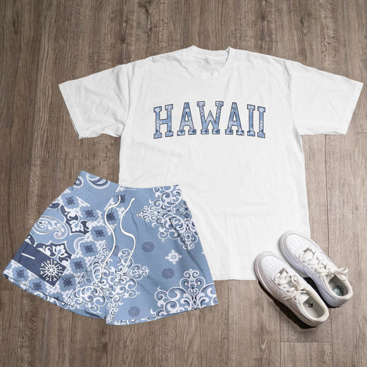 Hawaii Print T-Shirt Short Sleeve Two Piece Set