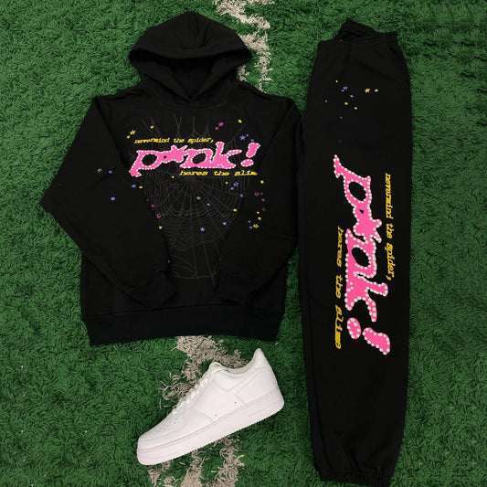 Pink Spider Web Print Hoodie Sweatpants Two Piece Set