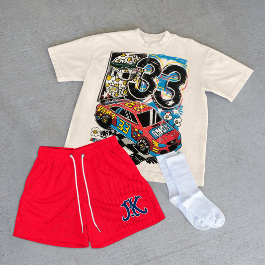 Personalized street style racing print T-shirt shorts two-piece set