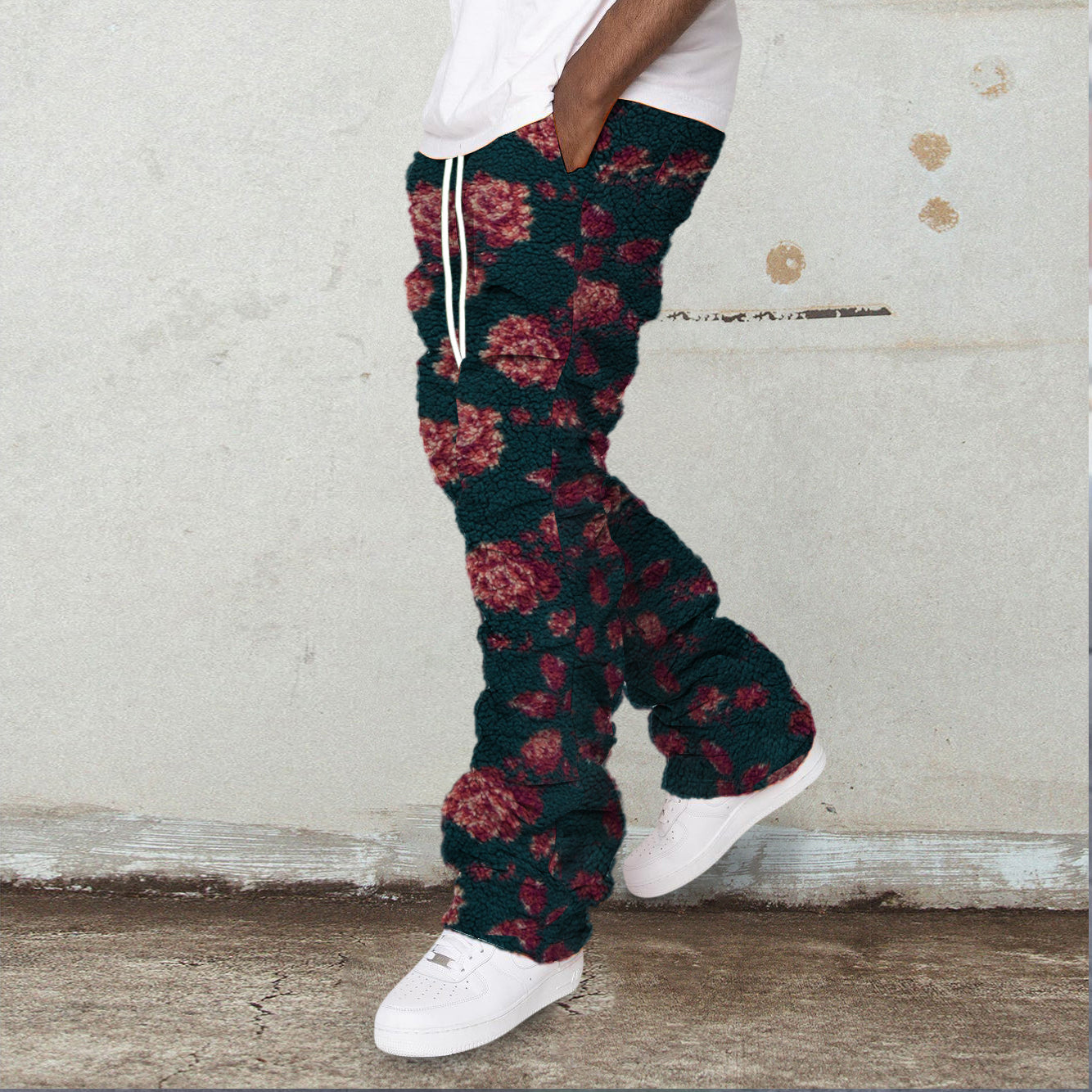 Floral print vintage casual polar fleece trousers