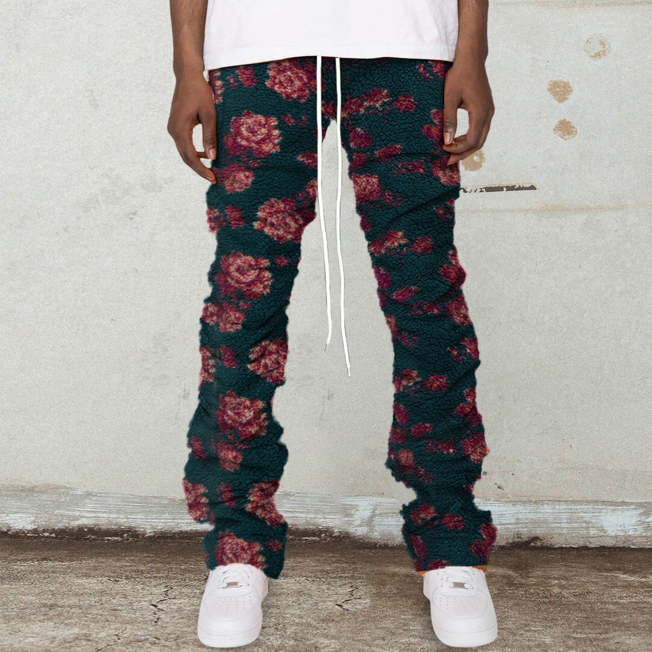 Floral print vintage casual polar fleece trousers