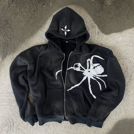 Spider Cross Print Long Sleeve Zip Up Hoodies