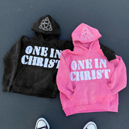 One In Christ Print Long Sleeve Applique Embroidered Hoodies