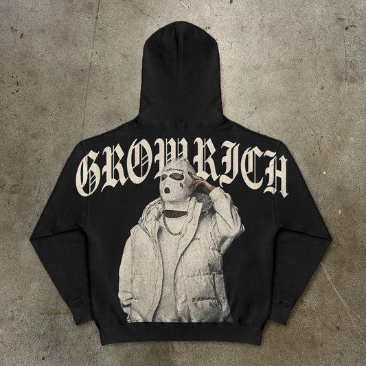 Grow Rich Print Long Sleeve Hoodies