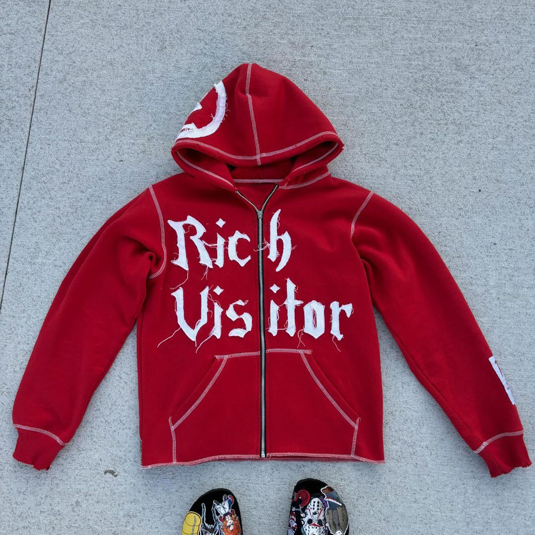 Rich Visitor Print Long Sleeve Zipper Applique Embroidered Hoodies