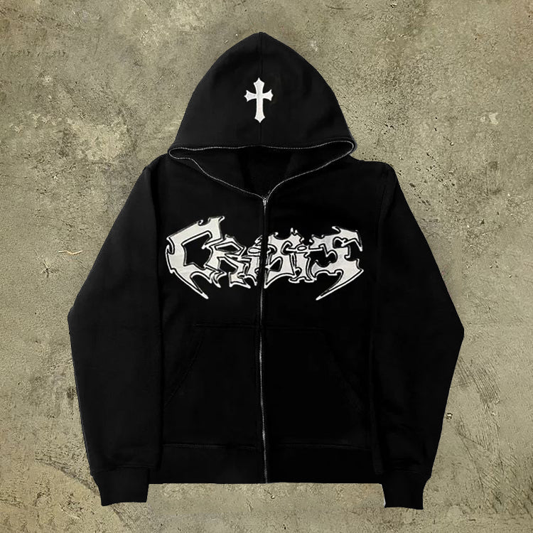 Cross Letter Print Full Zip Hoodie