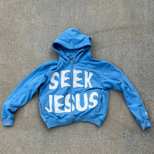 Seek Jesus Print Long Sleeve Applique Embroidered Zipper Hoodies