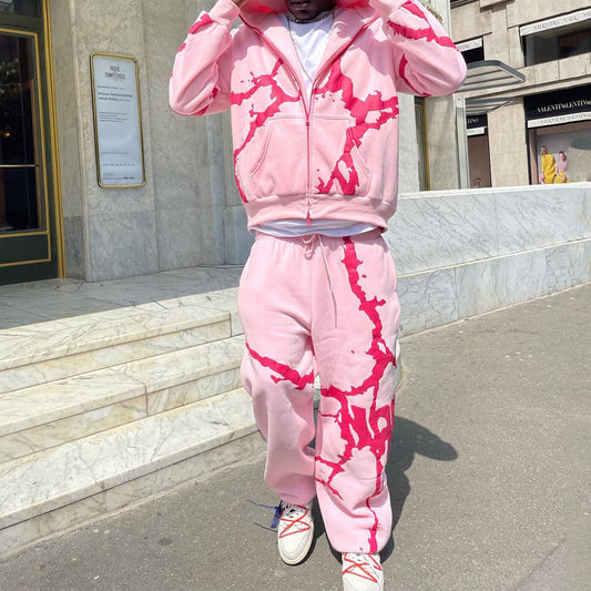 Casual Full Zip Hoodie Sweatpants Print Two Piece Set