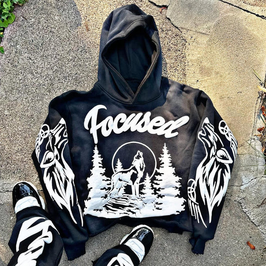 Casual Focused Print Long Sleeve Hoodies