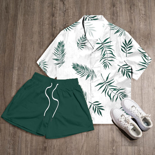 Leaves Print Shirt Shorts Two-Piece Set