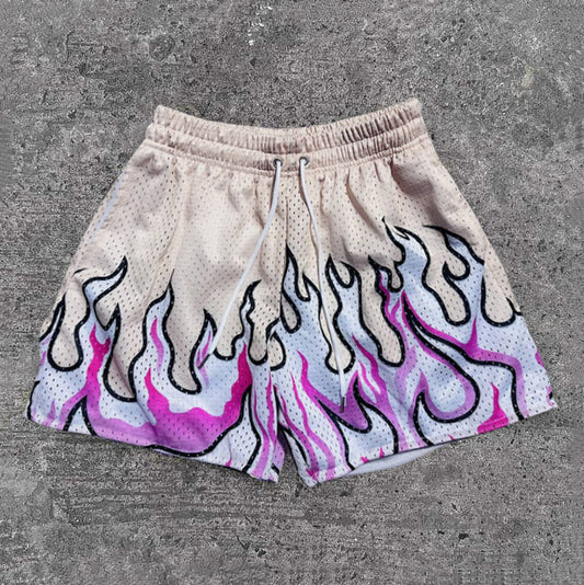 Fashion Flame Print Mesh Pocket Shorts