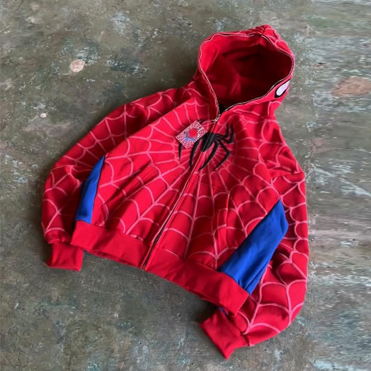 Contrast spider print zip-up hoodie