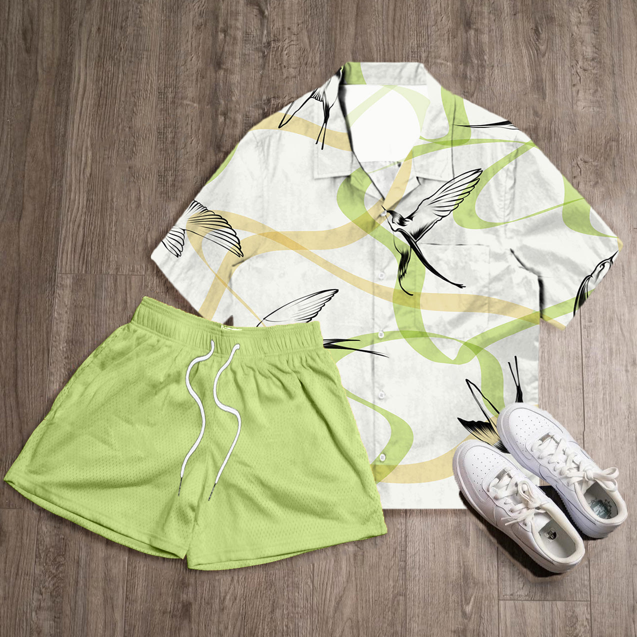 Bird Print Shirt Shorts Two-Piece Set