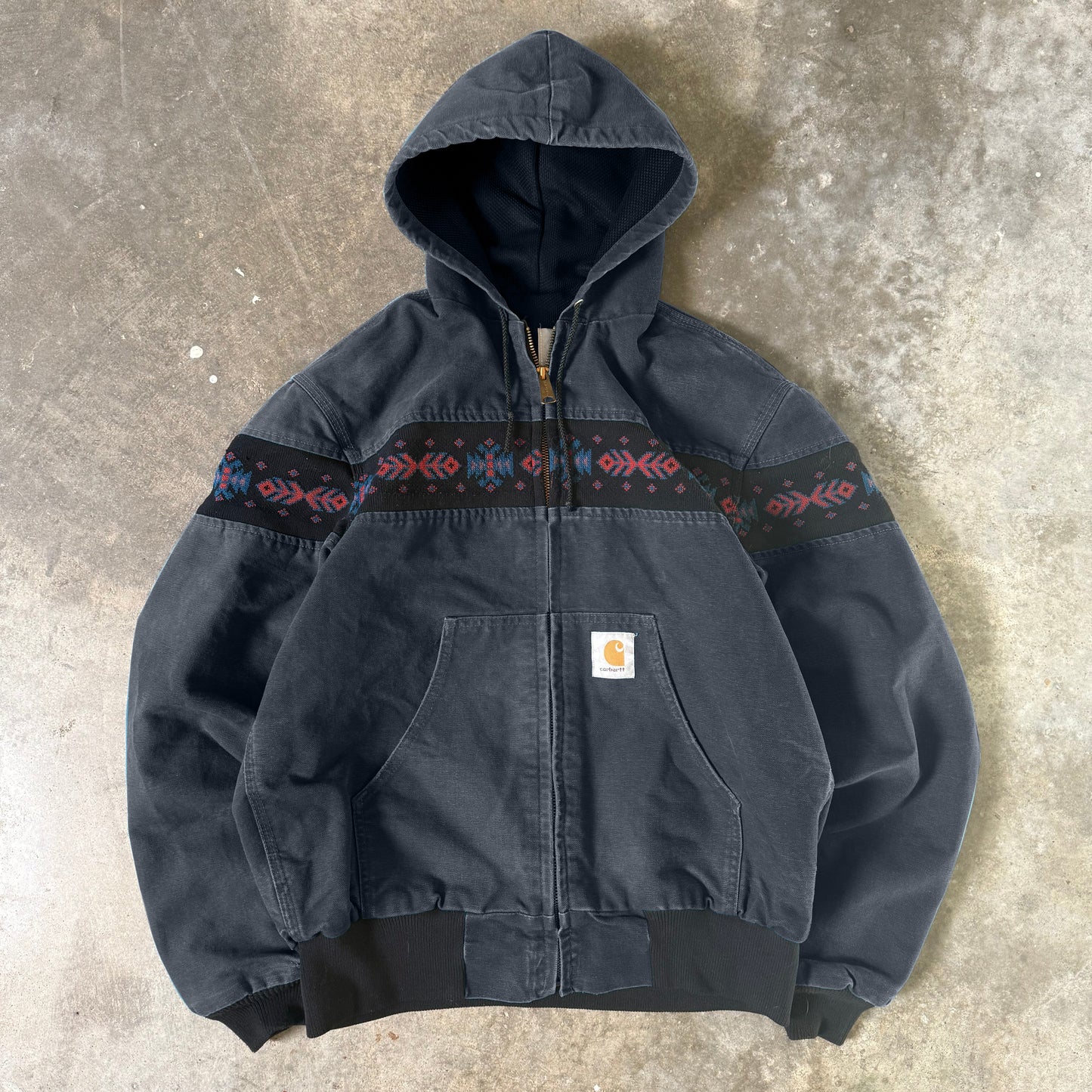 Retro ethnic pattern contrast zip-up anorak jacket