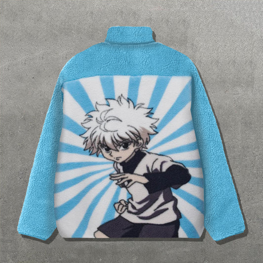 Anime Figure Print Long Sleeve Zipper Pocket Plush Coat