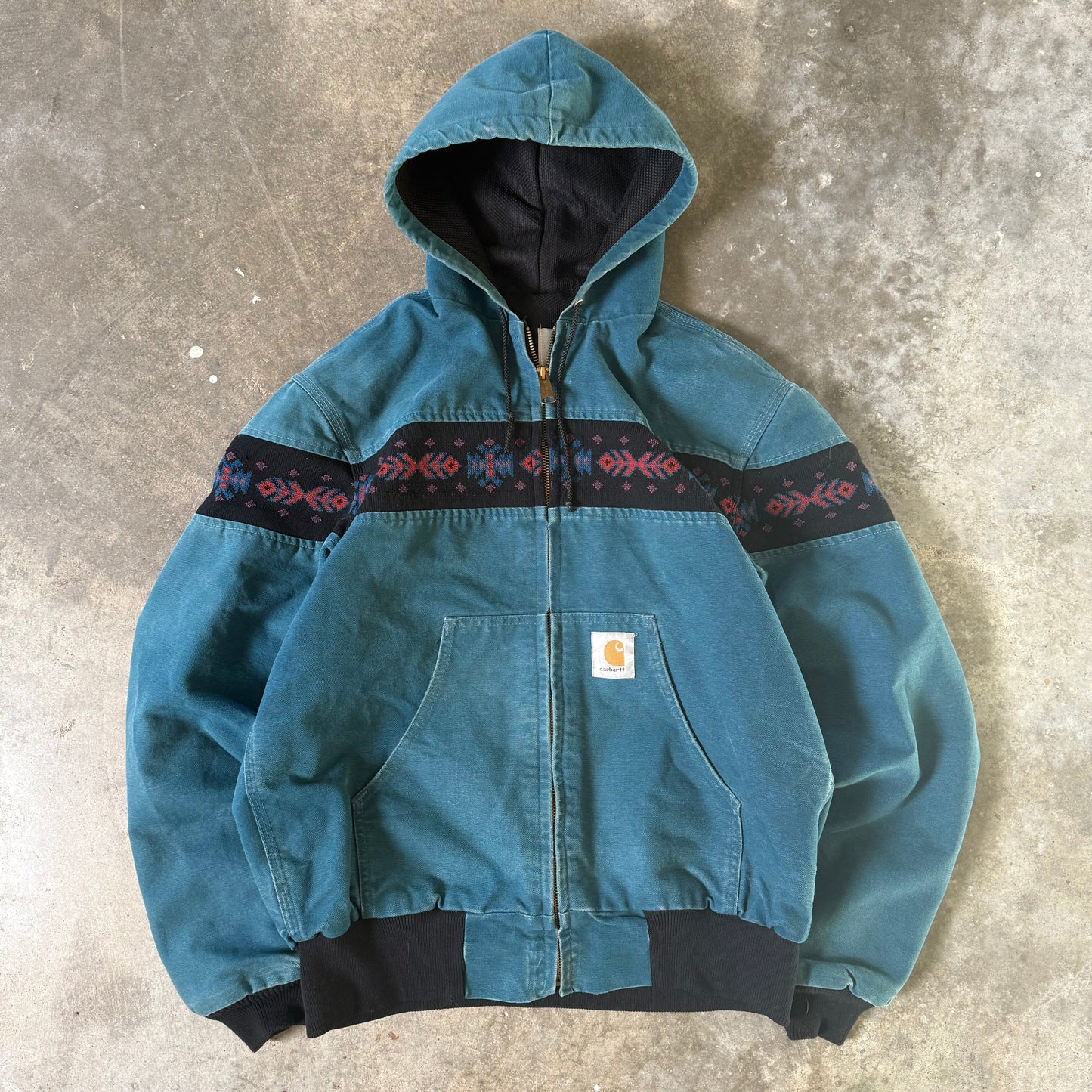 Retro ethnic pattern contrast zip-up anorak jacket