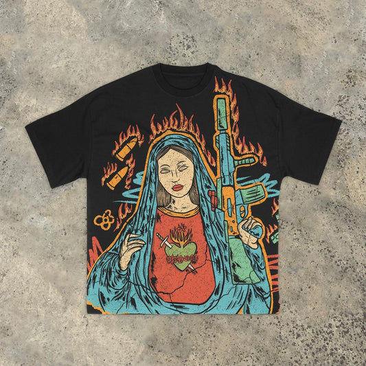 Fire Goddess Print Vintage Short Sleeve T-Shirt