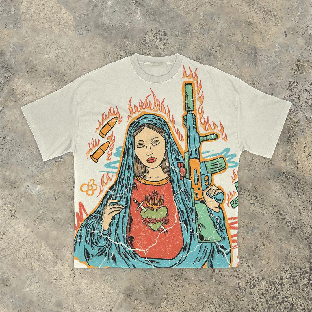 Fire Goddess Print Vintage Short Sleeve T-Shirt